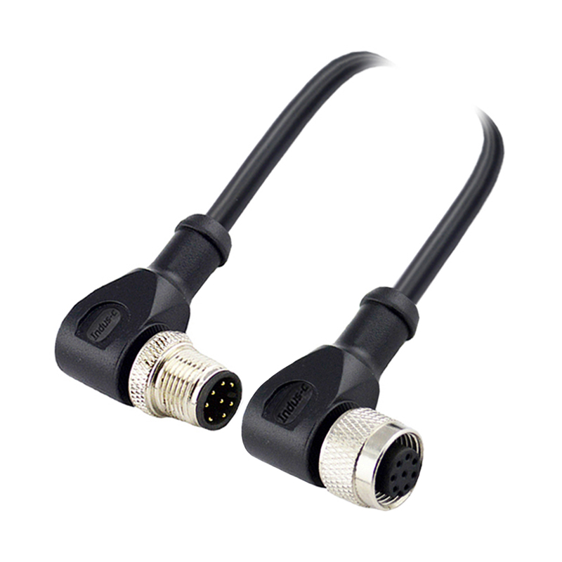 M12 8pins A code male right angle to female right angle molded cable,unshielded,PVC,-10°C~+80°C,24AWG 0.25mm²,brass with nickel plated screw